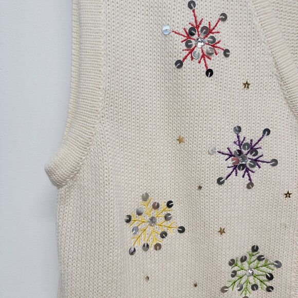 Vintage Kim Rogers Christmas Sweater Vest Size L Ivory Snowflake Gifts Sequin - Picture 7 of 12